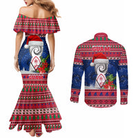 Guam Christmas Couples Matching Mermaid Dress and Long Sleeve Button Shirts Guaman Seal Poinsettia Felis Pasgua LT05 - Polynesian Pride
