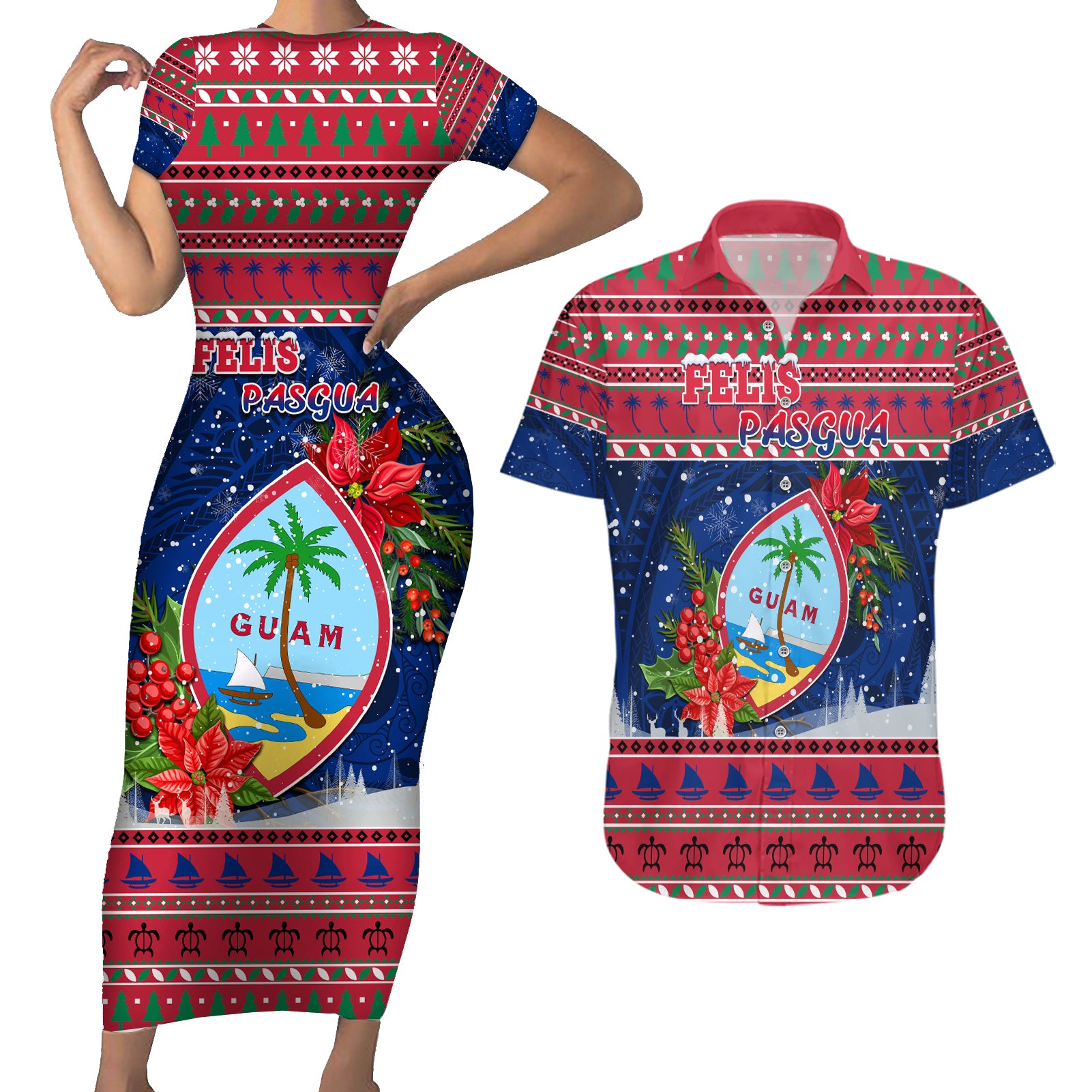 Guam Christmas Couples Matching Short Sleeve Bodycon Dress and Hawaiian Shirt Guaman Seal Poinsettia Felis Pasgua LT05 Red - Polynesian Pride