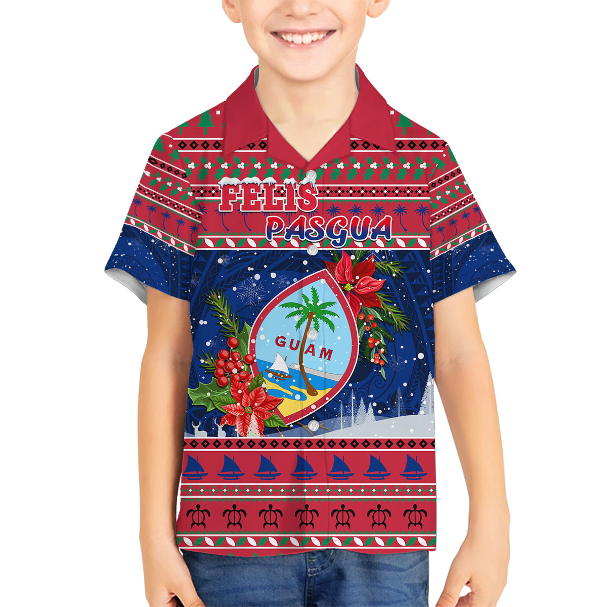 Guam Christmas Family Matching Tank Maxi Dress and Hawaiian Shirt Guaman Seal Poinsettia Felis Pasgua LT05 Son's Shirt Red - Polynesian Pride