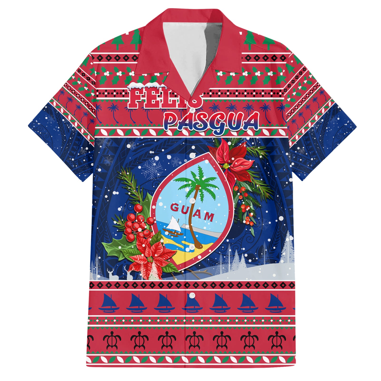 Guam Christmas Hawaiian Shirt Guaman Seal Poinsettia Felis Pasgua LT05 Red - Polynesian Pride