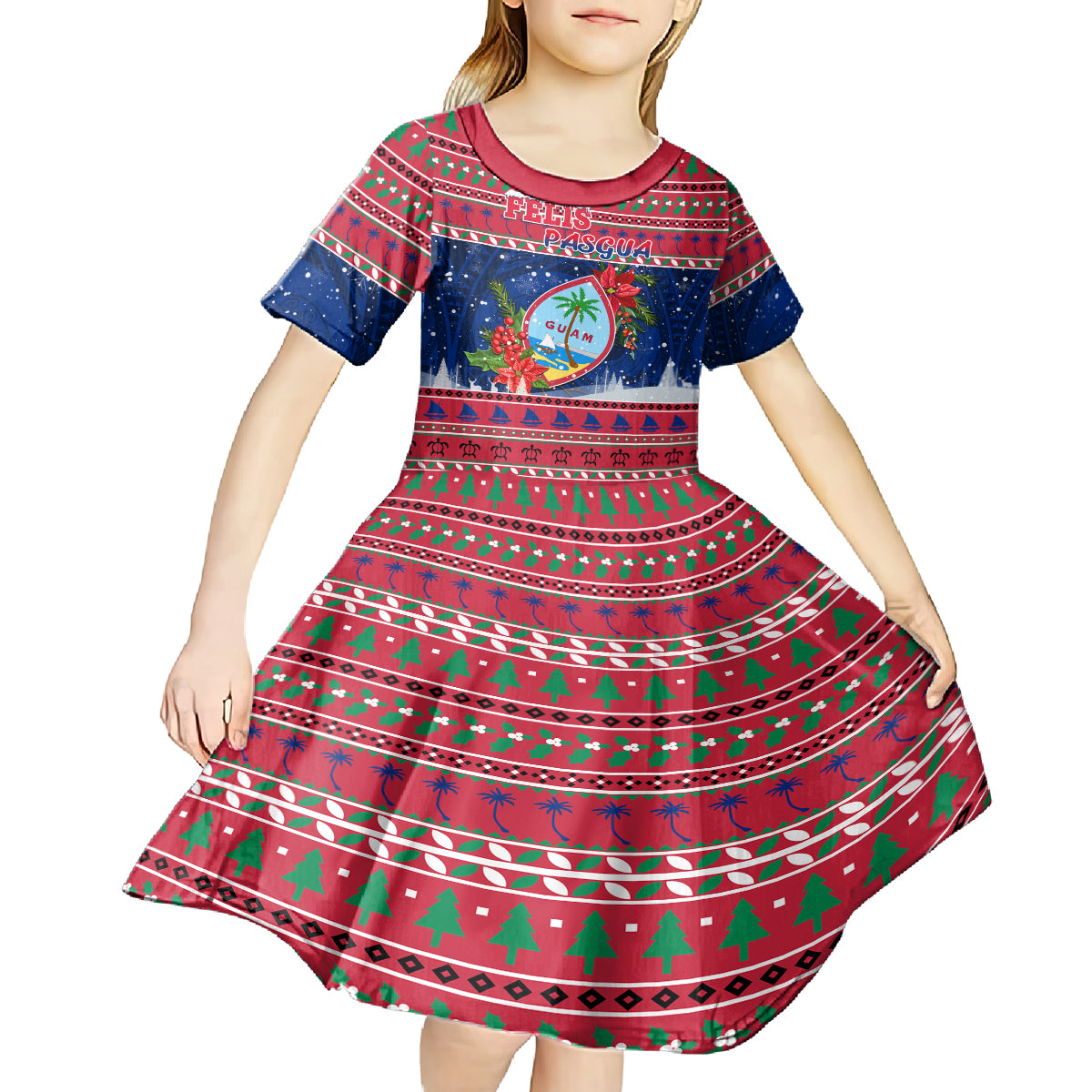 Guam Christmas Kid Short Sleeve Dress Guaman Seal Poinsettia Felis Pasgua LT05 - Polynesian Pride