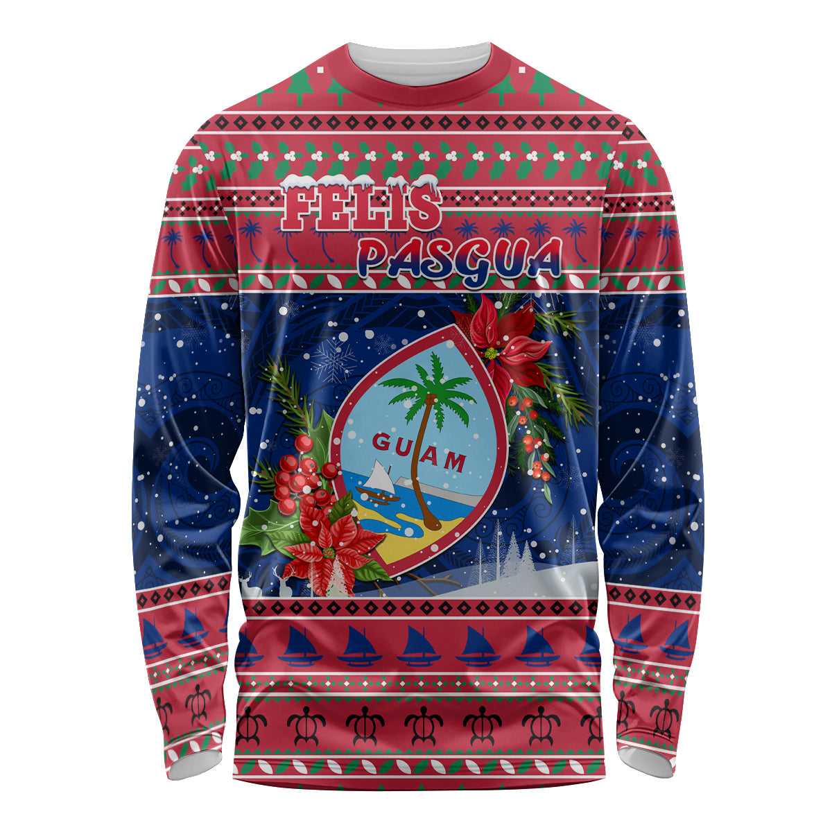 Guam Christmas Long Sleeve Shirt Guaman Seal Poinsettia Felis Pasgua LT05 Unisex Red - Polynesian Pride