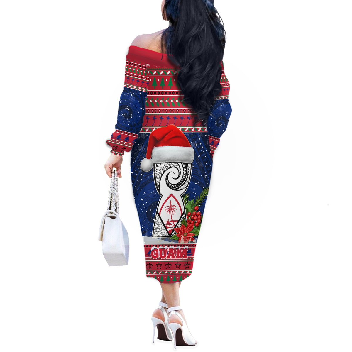 Guam Christmas Off The Shoulder Long Sleeve Dress Guaman Seal Poinsettia Felis Pasgua LT05 - Polynesian Pride