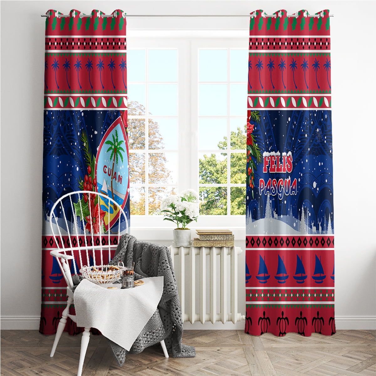 Guam Christmas Window Curtain Guaman Seal Poinsettia Felis Pasgua LT05 - Polynesian Pride
