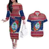 Personalized Guam Christmas Couples Matching Off The Shoulder Long Sleeve Dress and Hawaiian Shirt Guaman Seal Poinsettia Felis Pasgua LT05 Red - Polynesian Pride