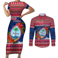Personalized Guam Christmas Couples Matching Short Sleeve Bodycon Dress and Long Sleeve Button Shirts Guaman Seal Poinsettia Felis Pasgua LT05 Red - Polynesian Pride