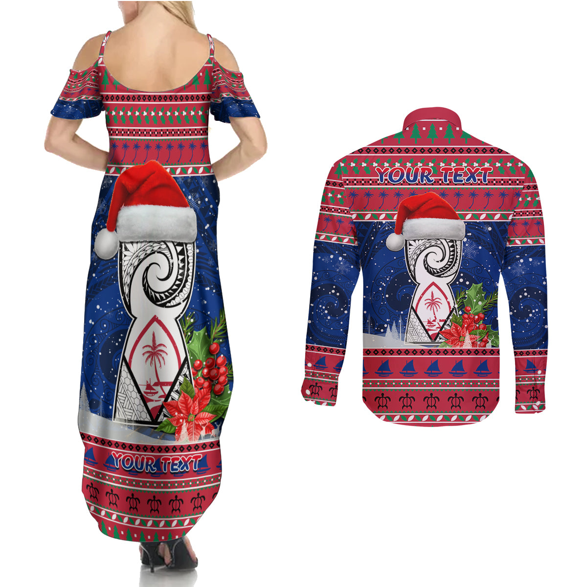Personalized Guam Christmas Couples Matching Summer Maxi Dress and Long Sleeve Button Shirts Guaman Seal Poinsettia Felis Pasgua LT05 - Polynesian Pride
