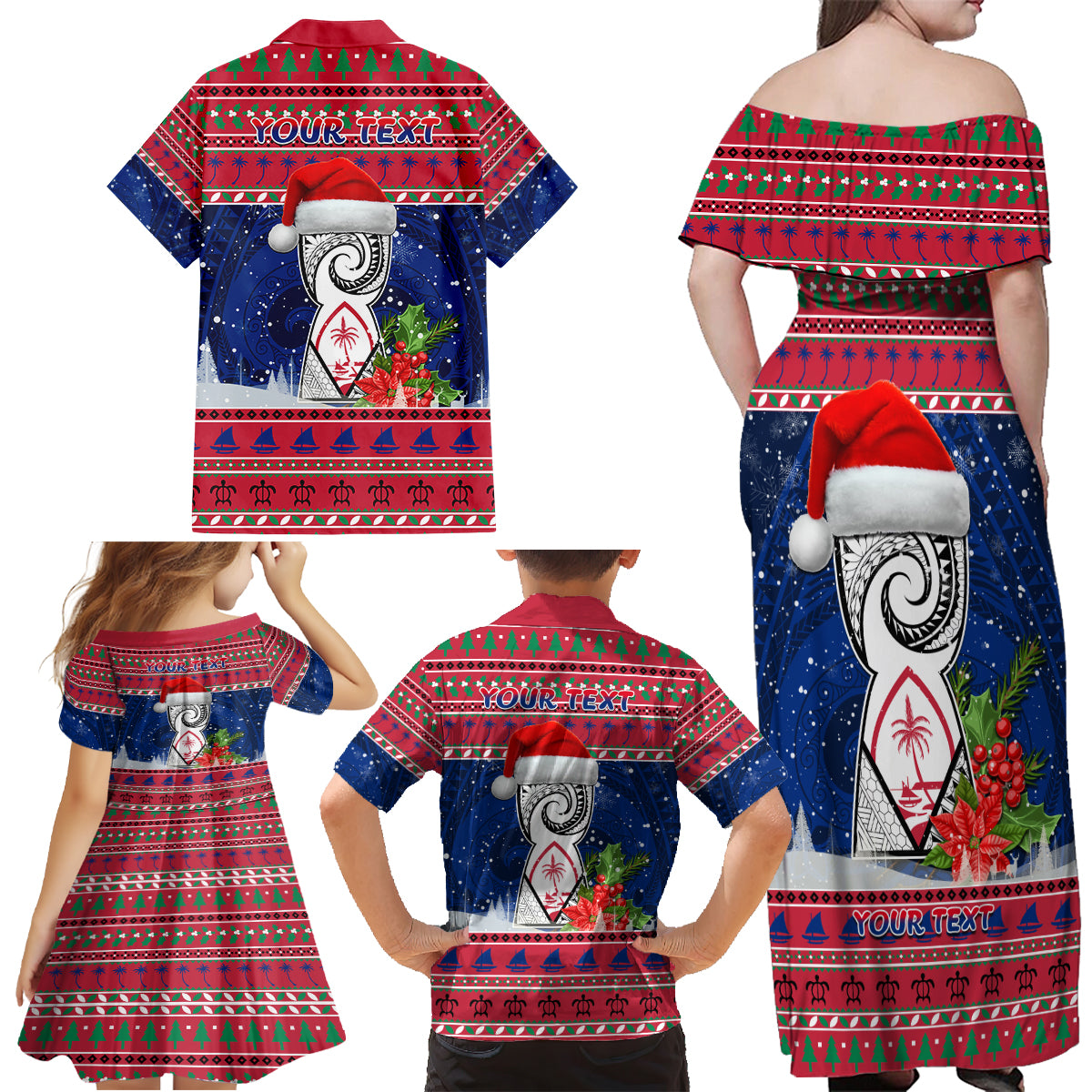 Personalized Guam Christmas Family Matching Off Shoulder Maxi Dress and Hawaiian Shirt Guaman Seal Poinsettia Felis Pasgua LT05 - Polynesian Pride