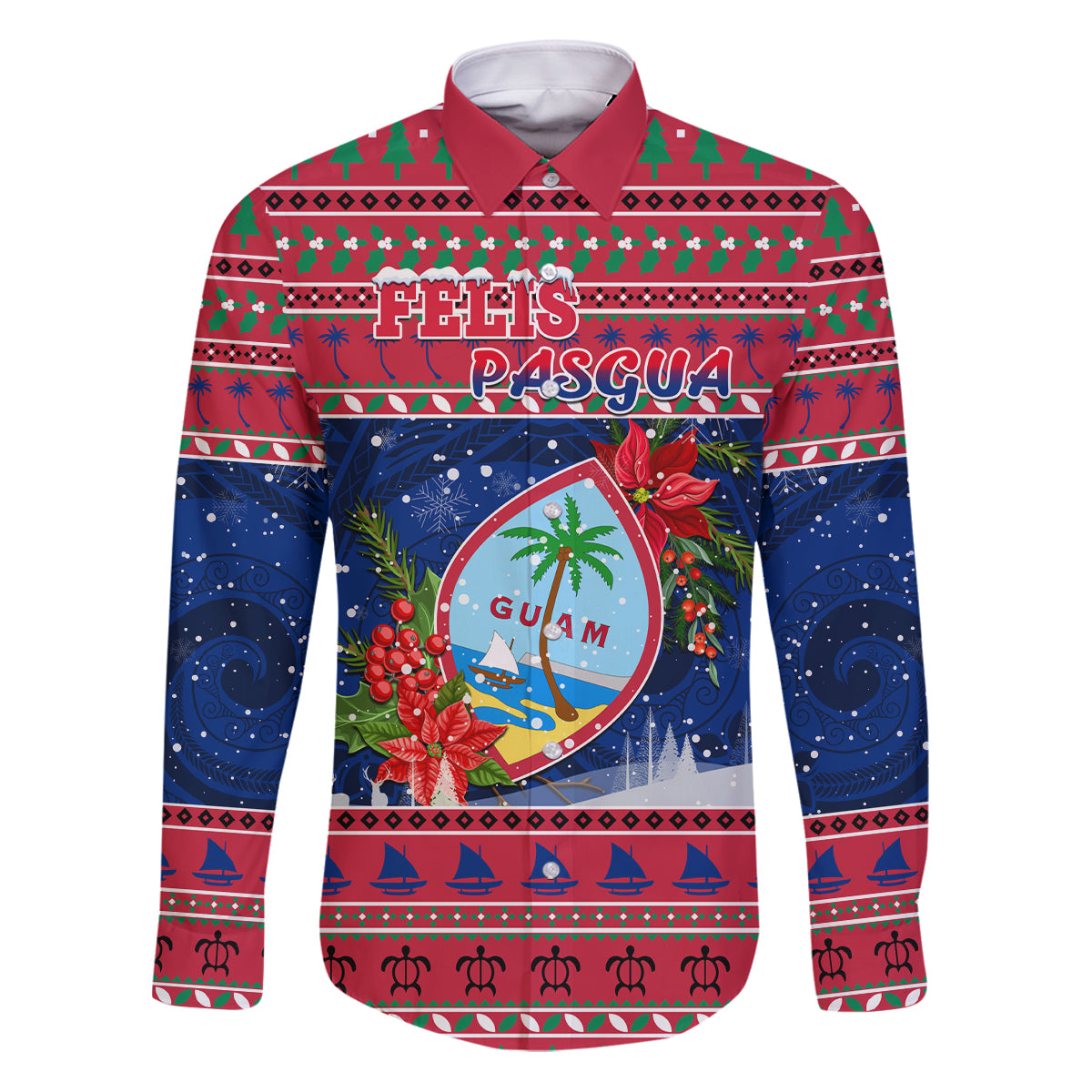 Personalized Guam Christmas Family Matching Puletasi Dress and Hawaiian Shirt Guaman Seal Poinsettia Felis Pasgua LT05 Dad's Shirt - Long Sleeve Red - Polynesian Pride