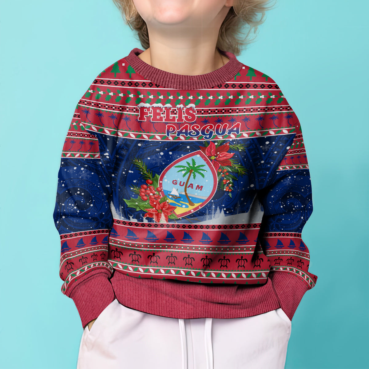 Personalised Guam Christmas Kid Ugly Christmas Sweater Guaman Seal Poinsettia Felis Pasgua LT05 - Polynesian Pride