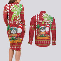 Personalised Hawaii Christmas Couples Matching Long Sleeve Bodycon Dress and Long Sleeve Button Shirt Funny Santa Claus Surf Mele Kalikimaka