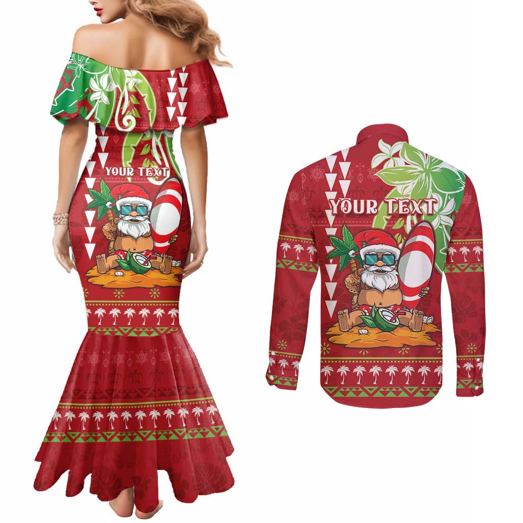Personalised Hawaii Christmas Couples Matching Mermaid Dress and Long Sleeve Button Shirt Funny Santa Claus Surf Mele Kalikimaka