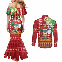 Personalised Hawaii Christmas Couples Matching Mermaid Dress and Long Sleeve Button Shirt Funny Santa Claus Surf Mele Kalikimaka