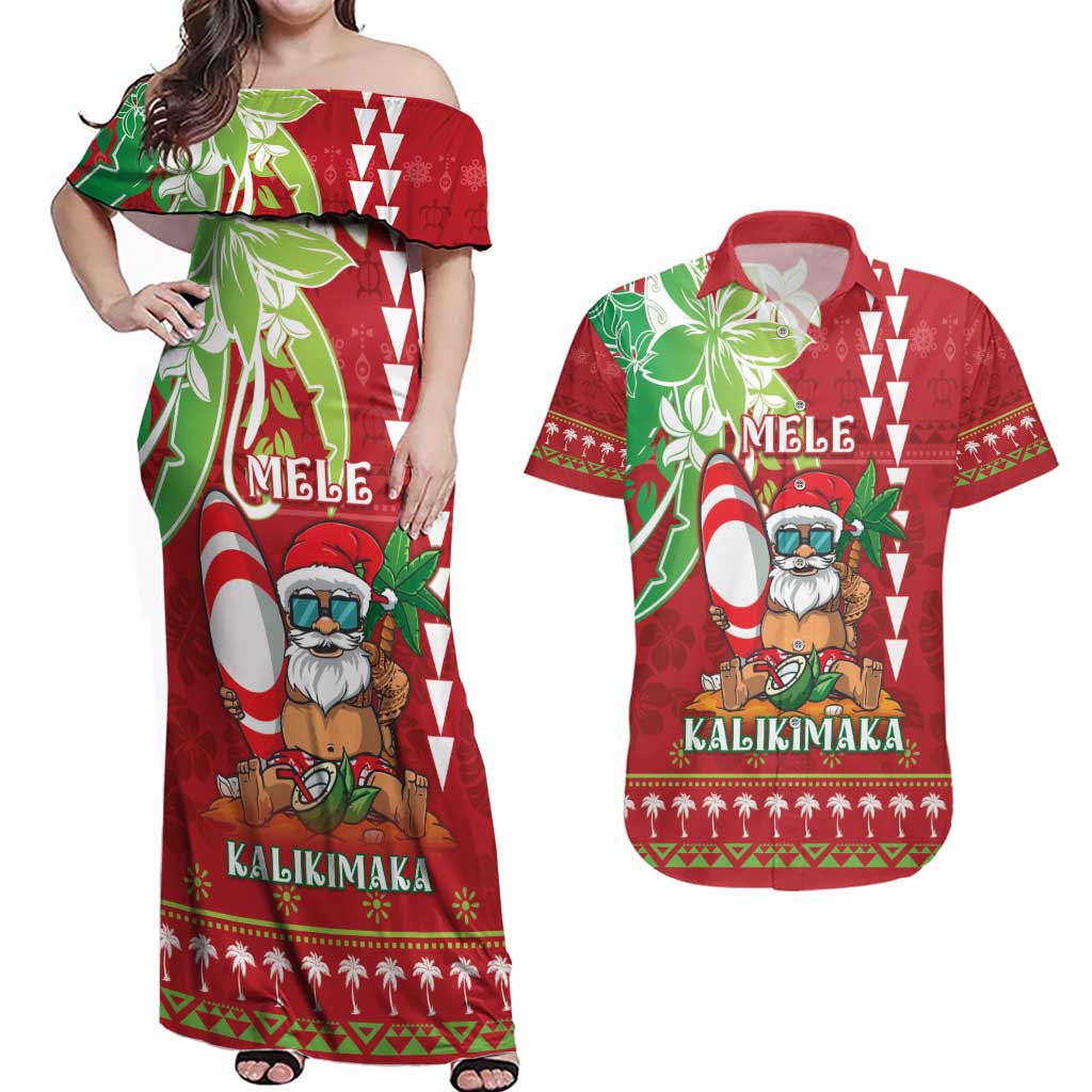 Personalised Hawaii Christmas Couples Matching Off Shoulder Maxi Dress and Hawaiian Shirt Funny Santa Claus Surf Mele Kalikimaka