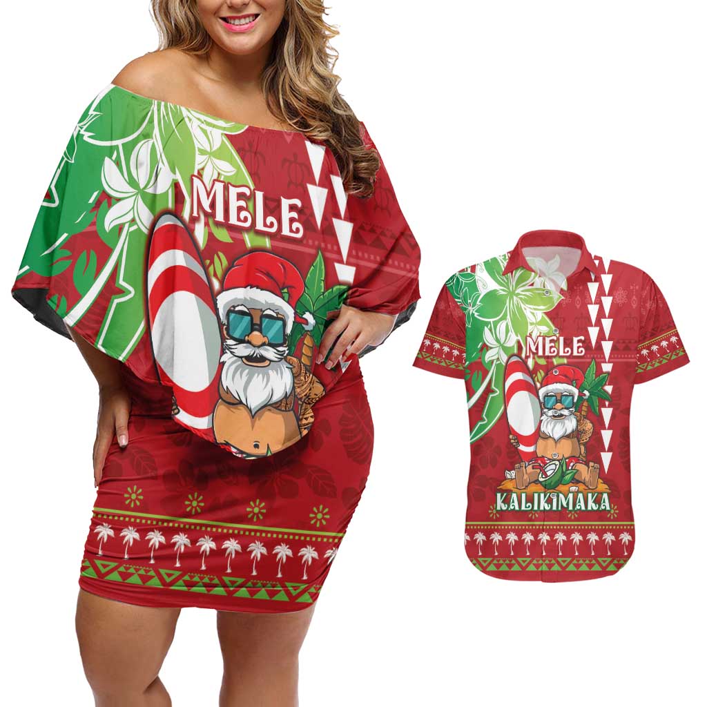 Personalised Hawaii Christmas Couples Matching Off Shoulder Short Dress and Hawaiian Shirt Funny Santa Claus Surf Mele Kalikimaka LT05 Red - Polynesian Pride