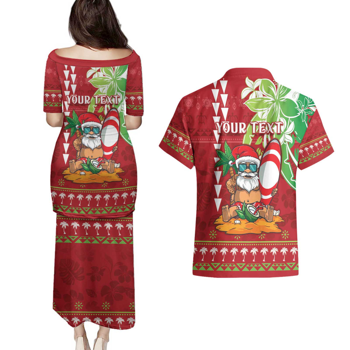 Personalised Hawaii Christmas Couples Matching Puletasi and Hawaiian Shirt Funny Santa Claus Surf Mele Kalikimaka LT05 - Polynesian Pride