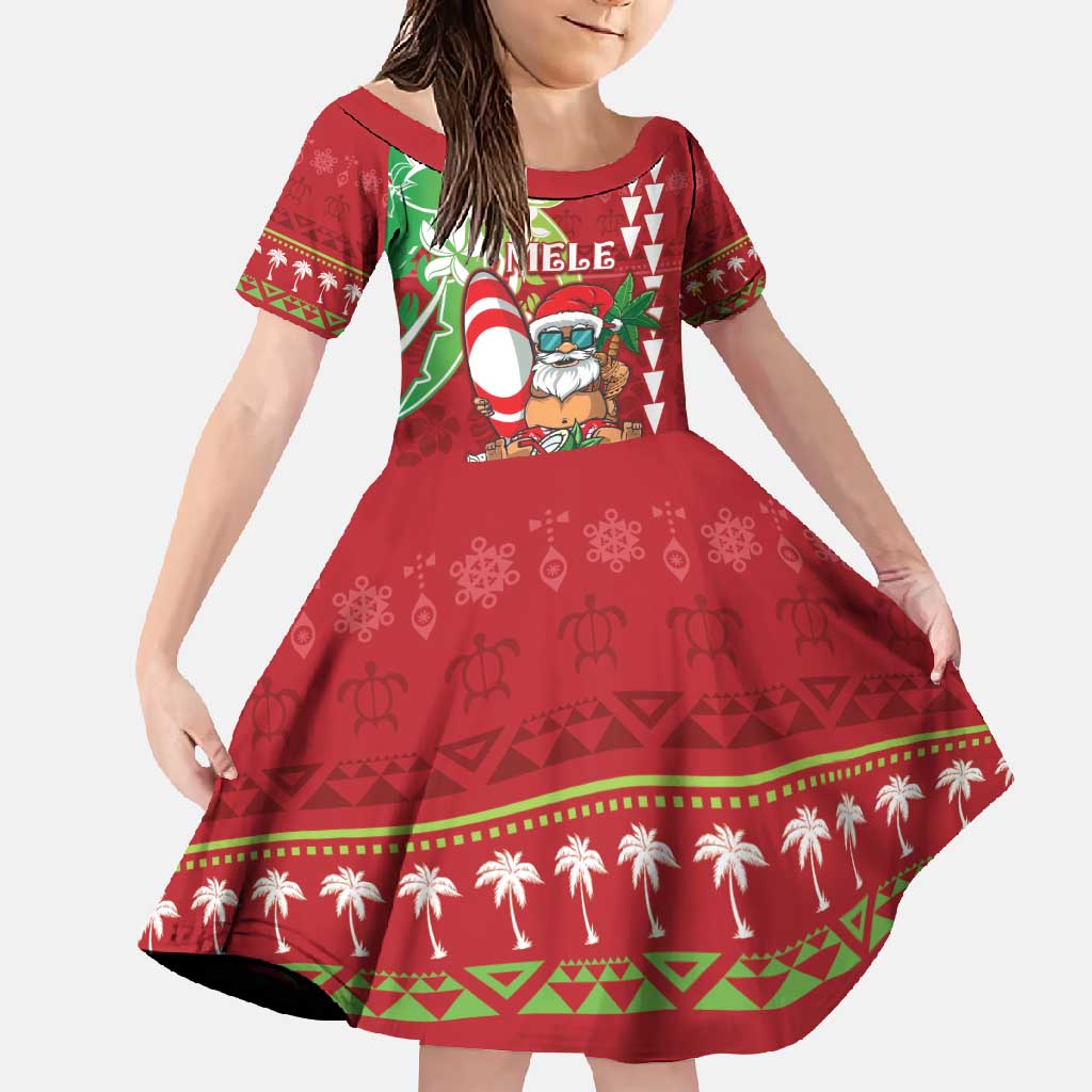 Personalised Hawaii Christmas Family Matching Long Sleeve Bodycon Dress and Hawaiian Shirt Funny Santa Claus Surf Mele Kalikimaka LT05 Daughter's Dress Red - Polynesian Pride