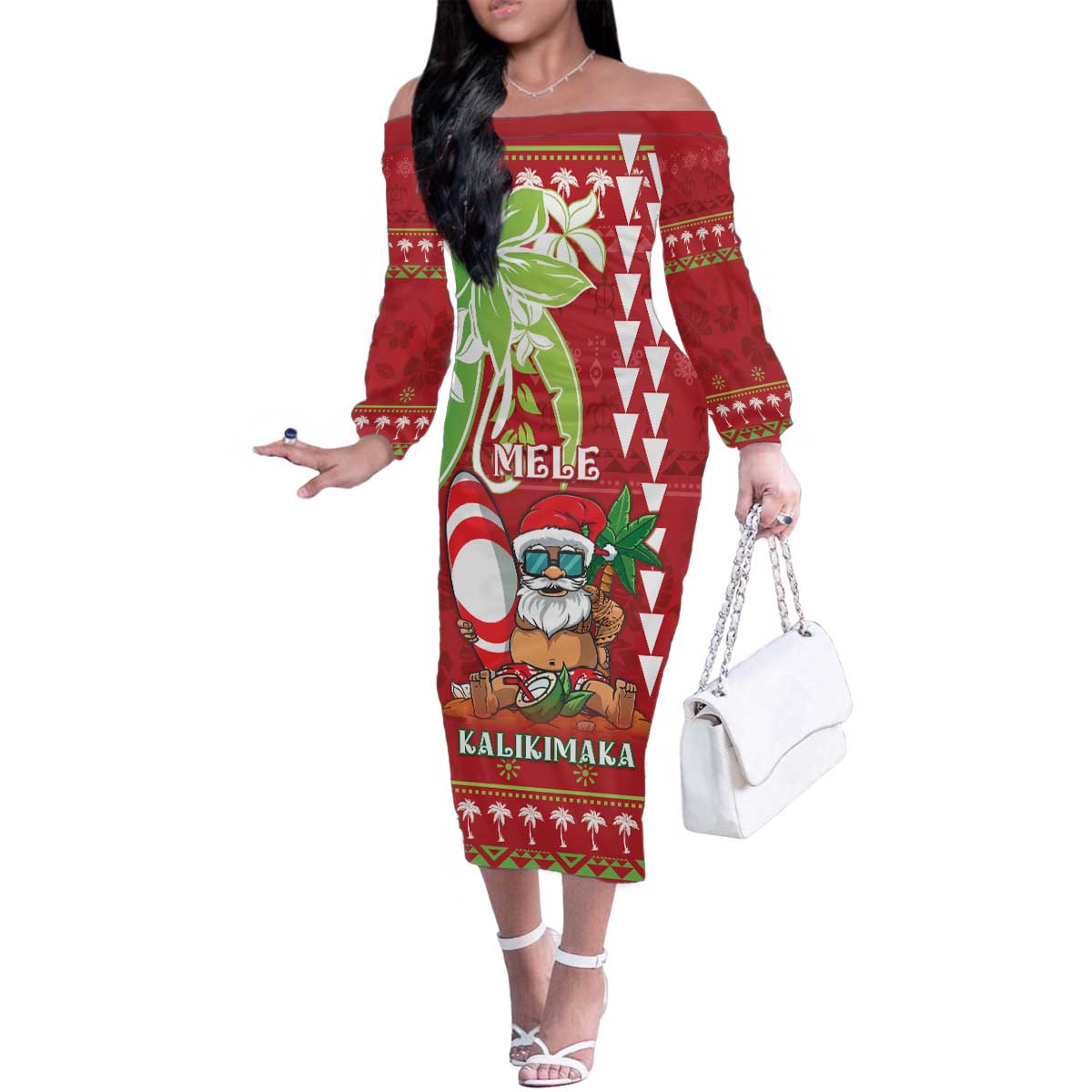 Personalised Hawaii Christmas Family Matching Off The Shoulder Long Sleeve Dress and Hawaiian Shirt Funny Santa Claus Surf Mele Kalikimaka