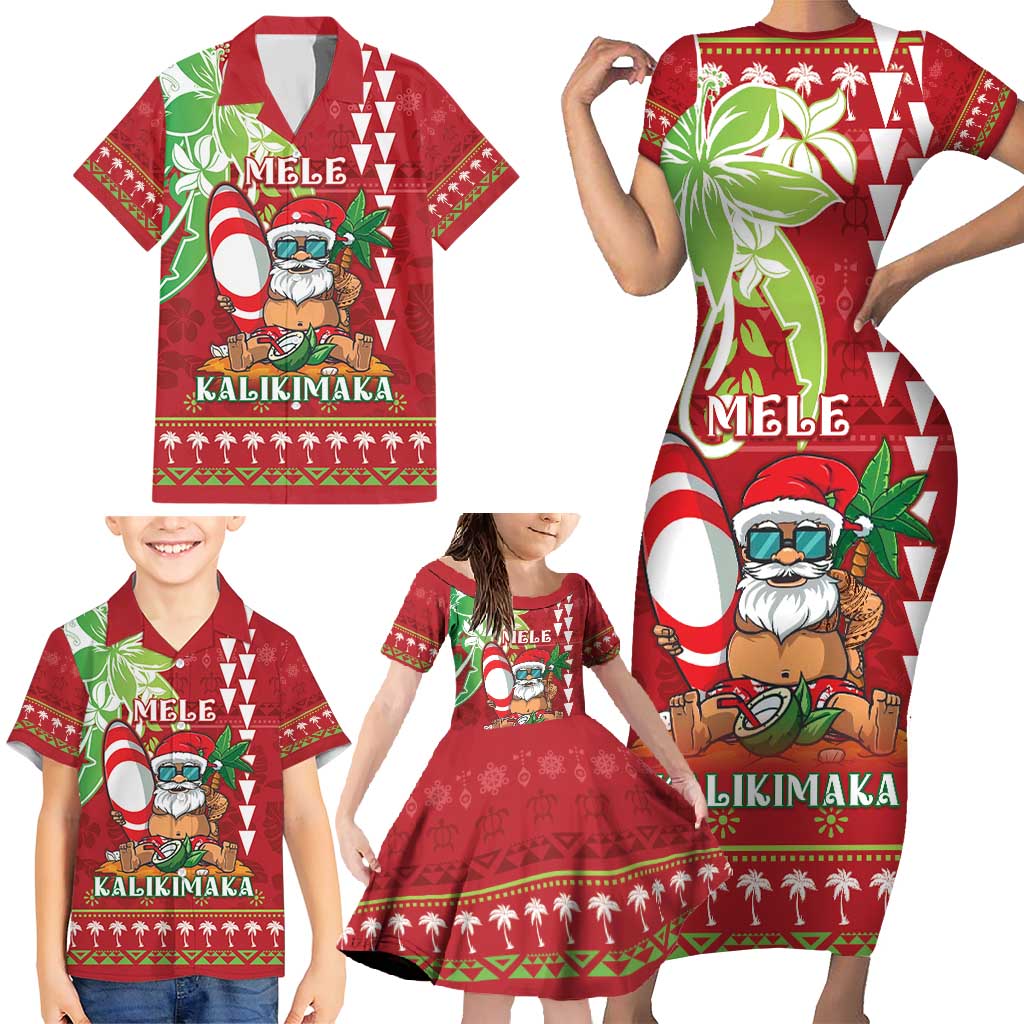 Personalised Hawaii Christmas Family Matching Short Sleeve Bodycon Dress and Hawaiian Shirt Funny Santa Claus Surf Mele Kalikimaka