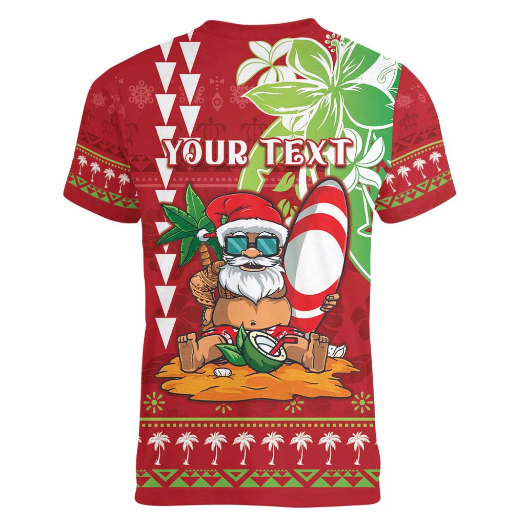 Personalised Hawaii Christmas Women V-Neck T-Shirt Funny Santa Claus Surf Mele Kalikimaka LT05 - Polynesian Pride