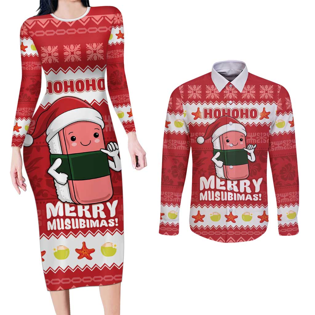 Hawaii Funny Christmas Couples Matching Long Sleeve Bodycon Dress and Long Sleeve Button Shirt Spam Musubi Santa
