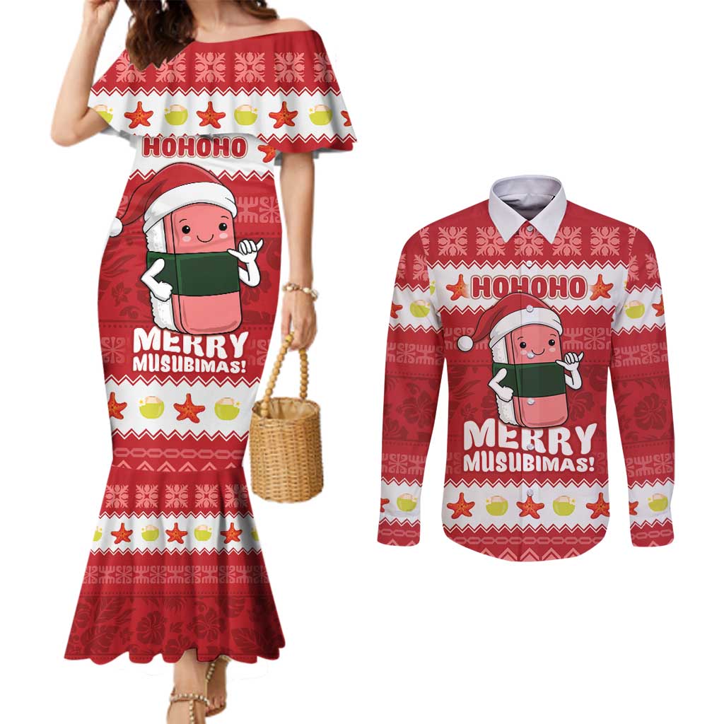 Hawaii Funny Christmas Couples Matching Mermaid Dress and Long Sleeve Button Shirt Spam Musubi Santa