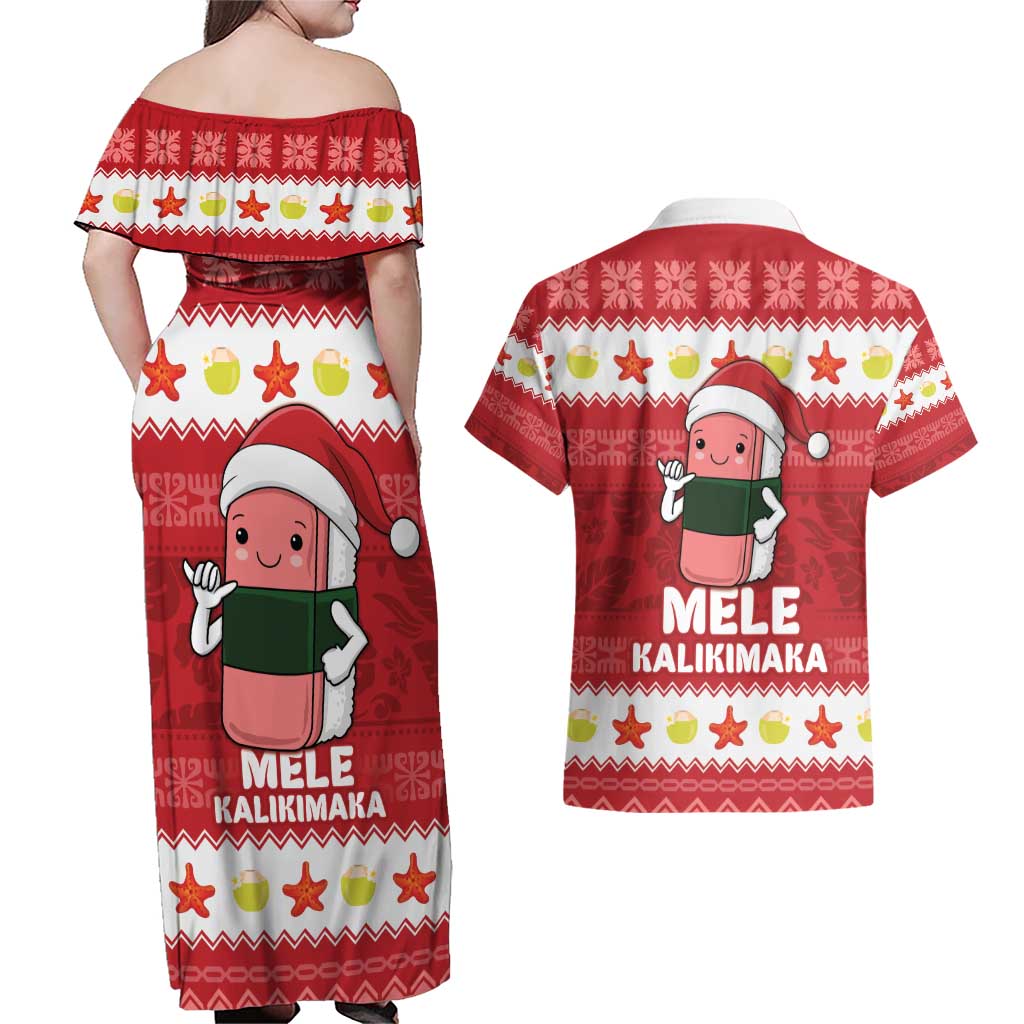Hawaii Funny Christmas Couples Matching Off Shoulder Maxi Dress and Hawaiian Shirt Spam Musubi Santa