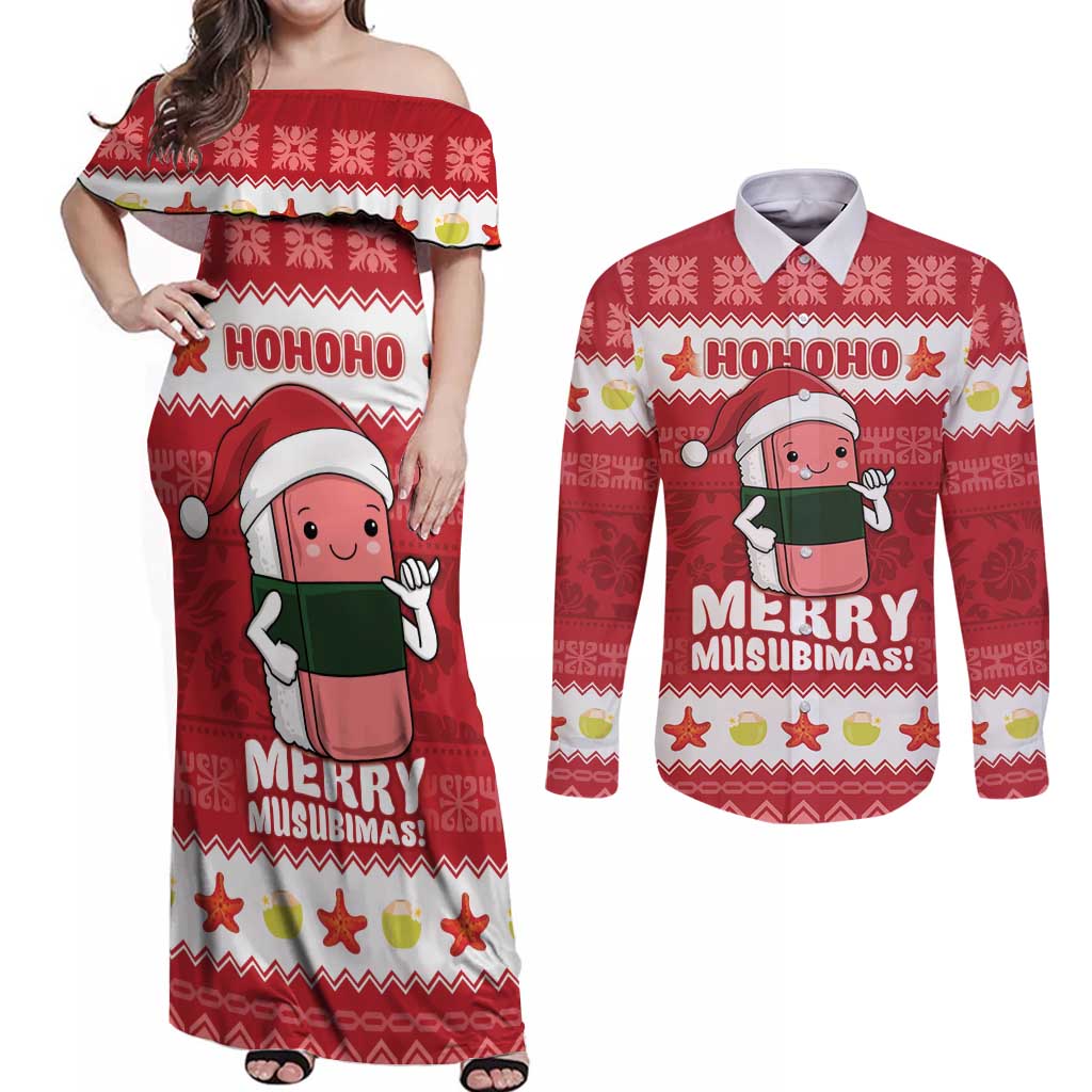 Hawaii Funny Christmas Couples Matching Off Shoulder Maxi Dress and Long Sleeve Button Shirt Spam Musubi Santa