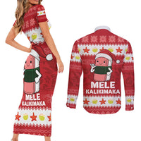 Hawaii Funny Christmas Couples Matching Short Sleeve Bodycon Dress and Long Sleeve Button Shirt Spam Musubi Santa
