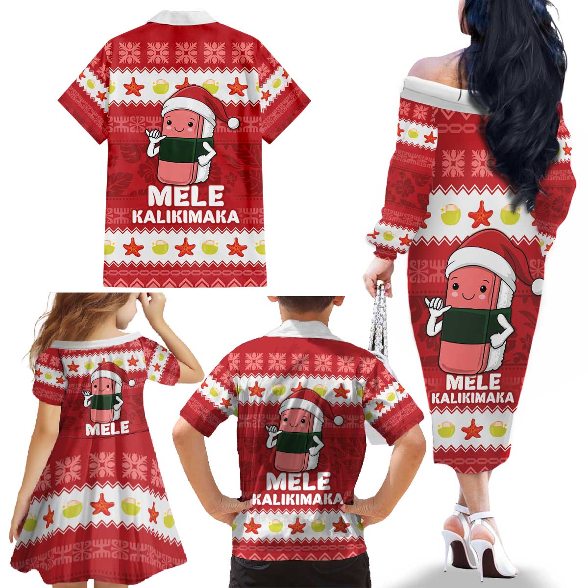 Hawaii Funny Christmas Family Matching Off The Shoulder Long Sleeve Dress and Hawaiian Shirt Spam Musubi Santa