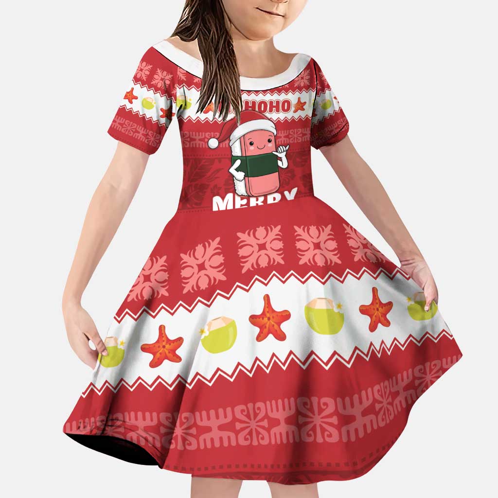 Hawaii Funny Christmas Family Matching Puletasi and Hawaiian Shirt Spam Musubi Santa LT05 Daughter's Dress Red - Polynesian Pride