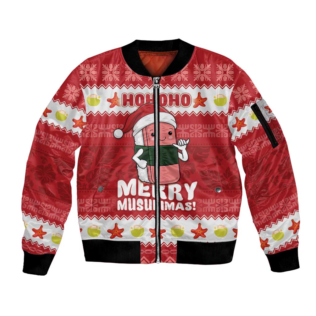 Hawaii Funny Christmas Sleeve Zip Bomber Jacket Spam Musubi Santa