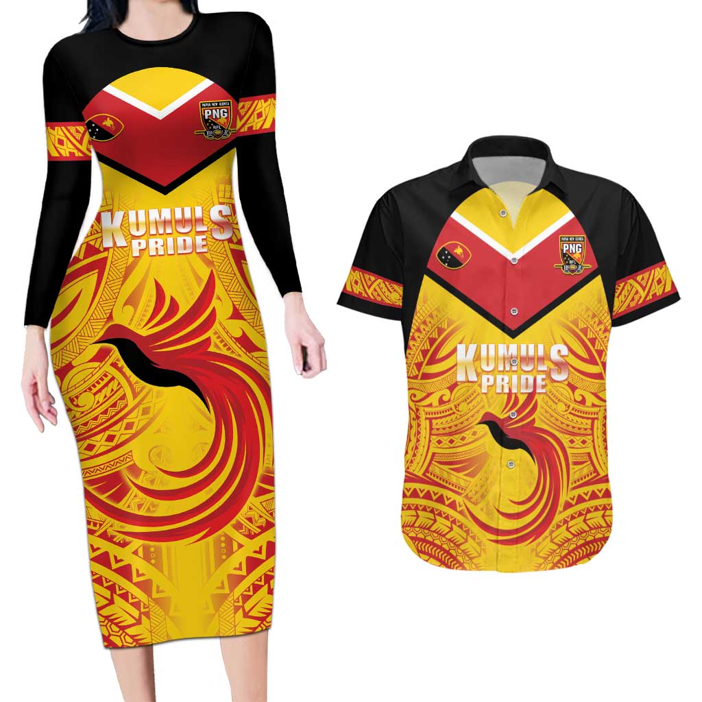 Papua New Guinea Rugby Custom Couples Matching Long Sleeve Bodycon Dress and Hawaiian Shirt Kumul Pride Go Champions