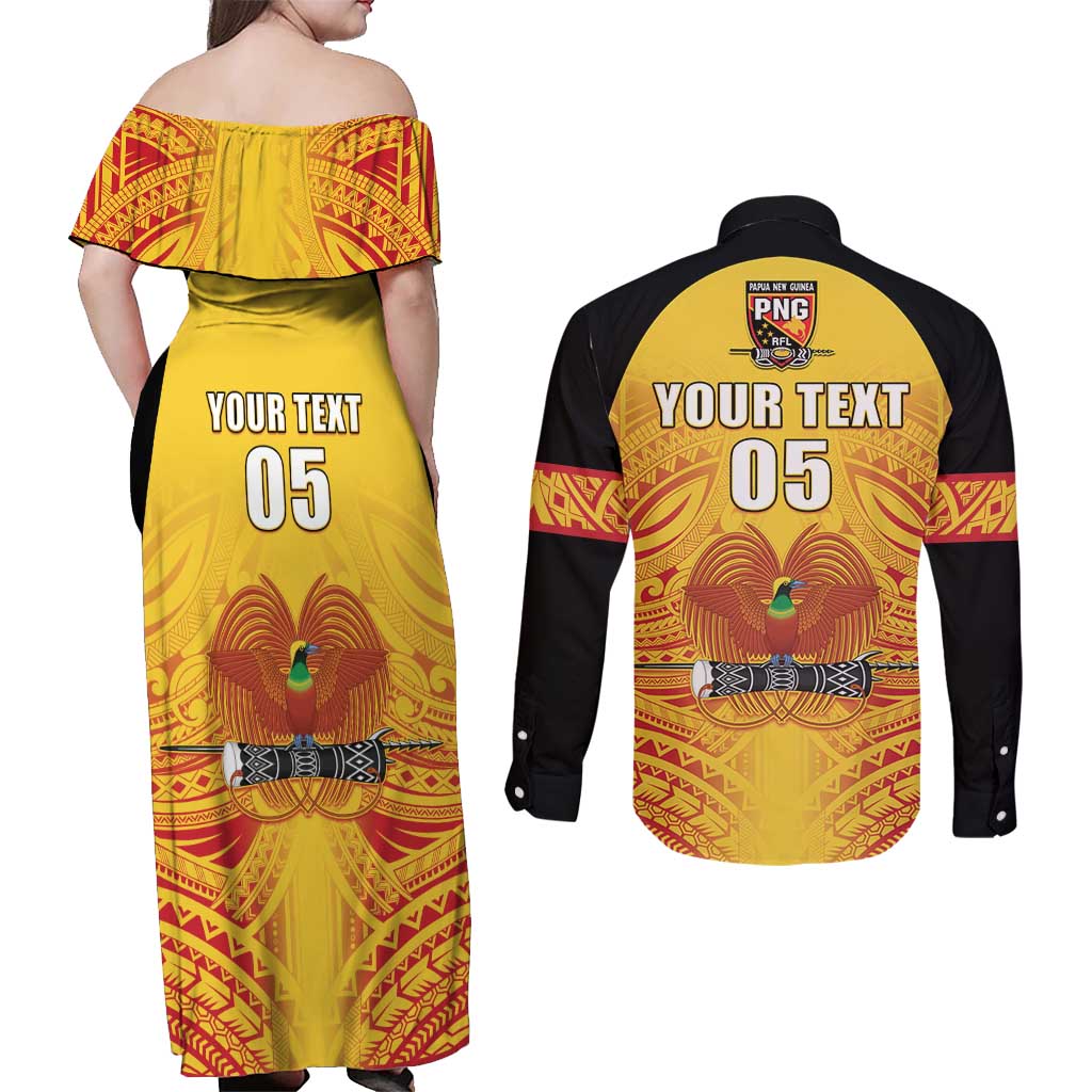 Papua New Guinea Rugby Custom Couples Matching Off Shoulder Maxi Dress and Long Sleeve Button Shirt Kumul Pride Go Champions