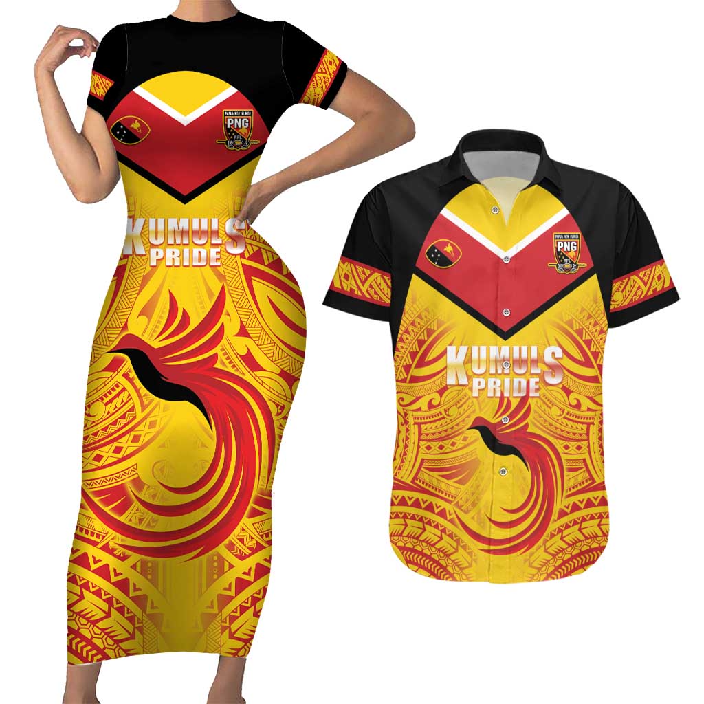 Papua New Guinea Rugby Custom Couples Matching Short Sleeve Bodycon Dress and Hawaiian Shirt Kumul Pride Go Champions