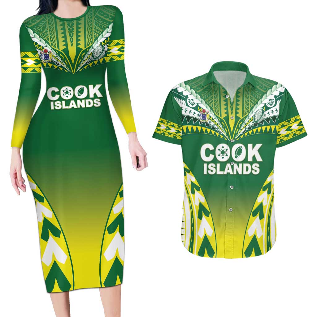 Cook Islands Rugby Custom Couples Matching Long Sleeve Bodycon Dress and Hawaiian Shirt The Kukis Go Champions