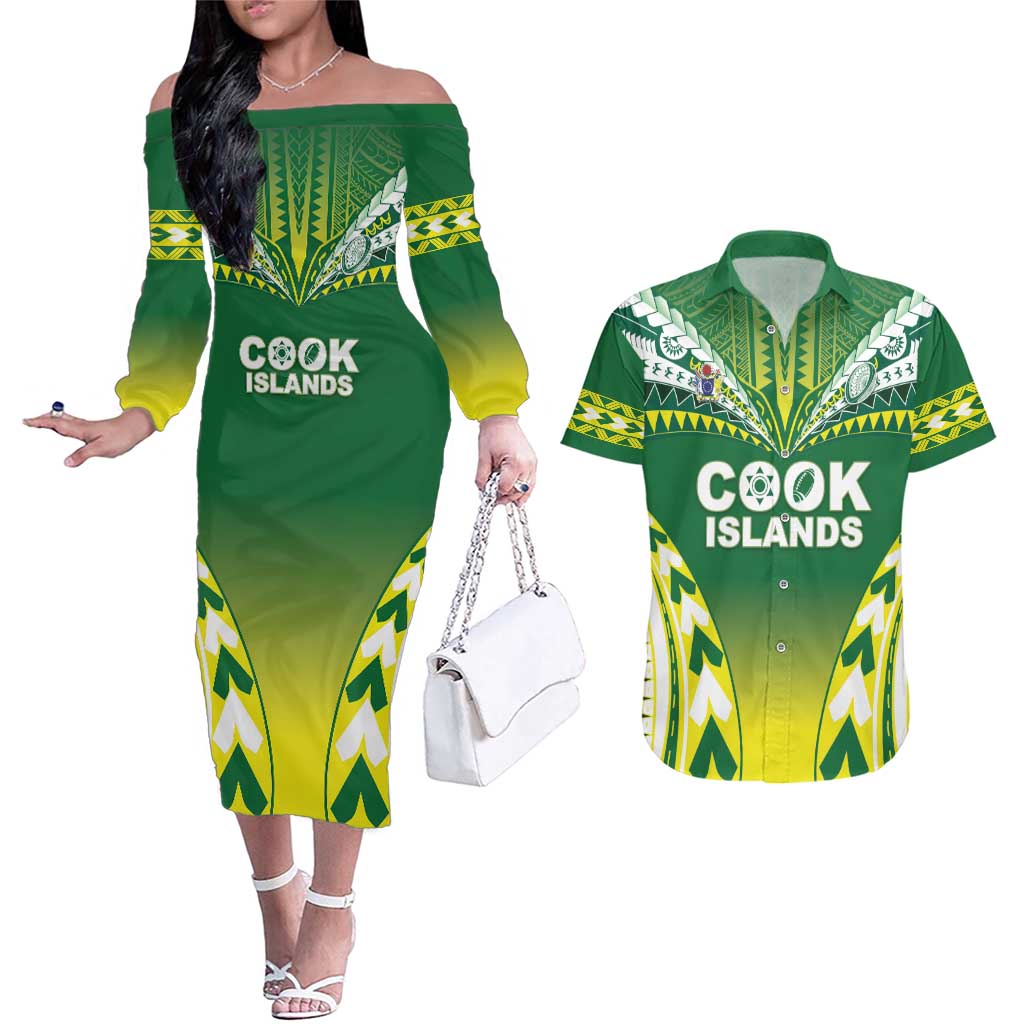 Cook Islands Rugby Custom Couples Matching Off The Shoulder Long Sleeve Dress and Hawaiian Shirt The Kukis Go Champions LT05 Green - Polynesian Pride