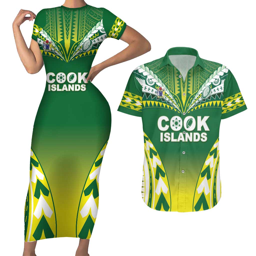 Cook Islands Rugby Custom Couples Matching Short Sleeve Bodycon Dress and Hawaiian Shirt The Kukis Go Champions LT05 Green - Polynesian Pride