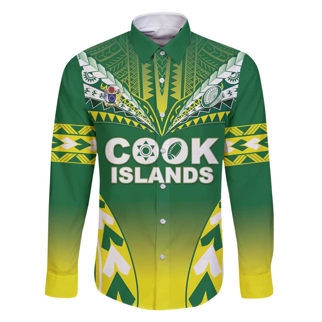 Cook Islands Rugby Custom Family Matching Mermaid Dress and Hawaiian Shirt The Kukis Go Champions LT05 Dad's Shirt - Long Sleeve Green - Polynesian Pride