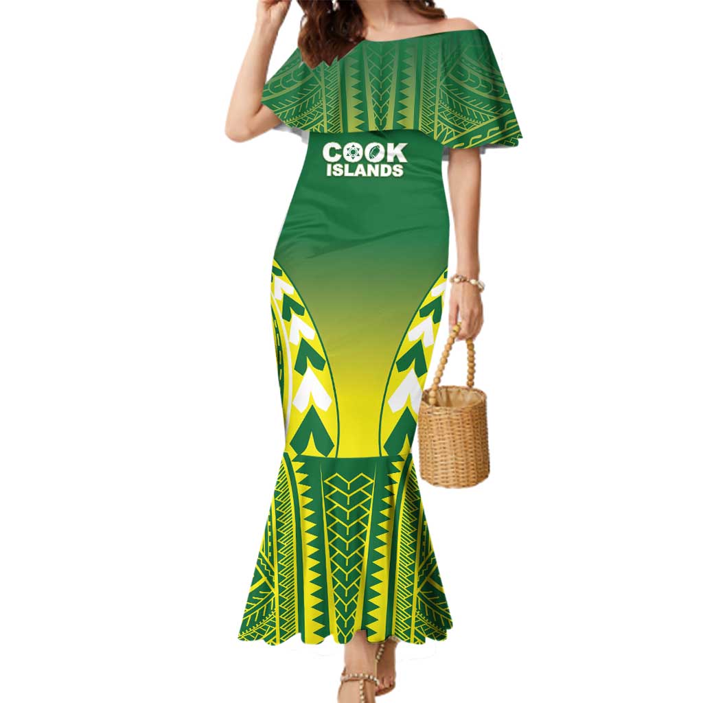 Cook Islands Rugby Custom Family Matching Mermaid Dress and Hawaiian Shirt The Kukis Go Champions LT05 Mom's Dress Green - Polynesian Pride