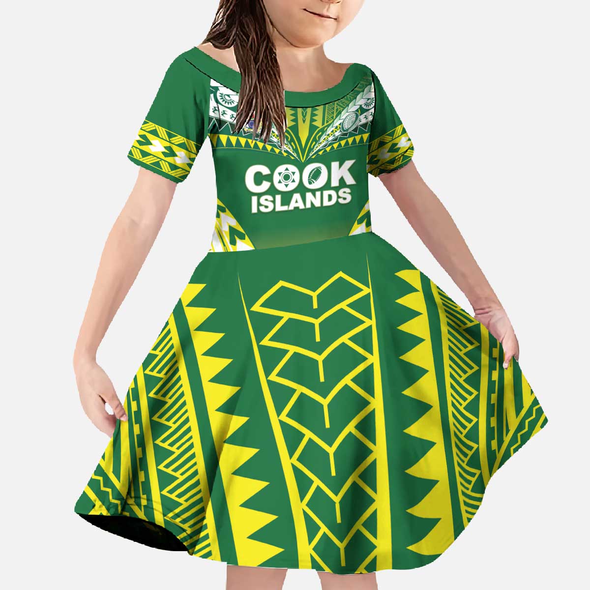 Cook Islands Rugby Custom Family Matching Off The Shoulder Long Sleeve Dress and Hawaiian Shirt The Kukis Go Champions LT05 Daughter's Dress Green - Polynesian Pride