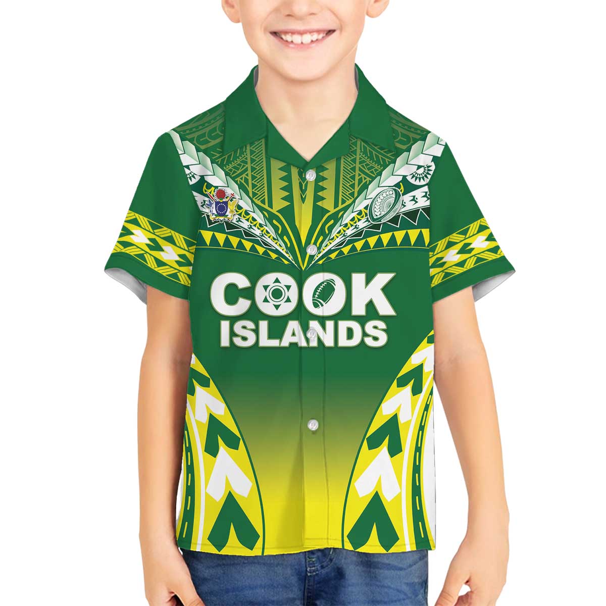 Cook Islands Rugby Custom Family Matching Off The Shoulder Long Sleeve Dress and Hawaiian Shirt The Kukis Go Champions LT05 Son's Shirt Green - Polynesian Pride