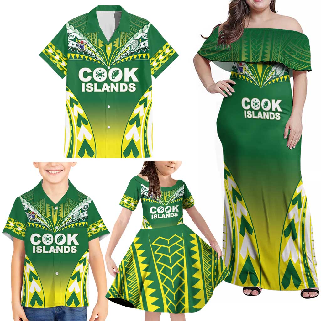 Cook Islands Rugby Custom Family Matching Off Shoulder Maxi Dress and Hawaiian Shirt The Kukis Go Champions