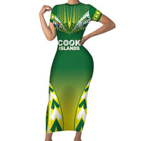 Cook Islands Rugby Custom Family Matching Short Sleeve Bodycon Dress and Hawaiian Shirt The Kukis Go Champions LT05 Mom's Dress Green - Polynesian Pride