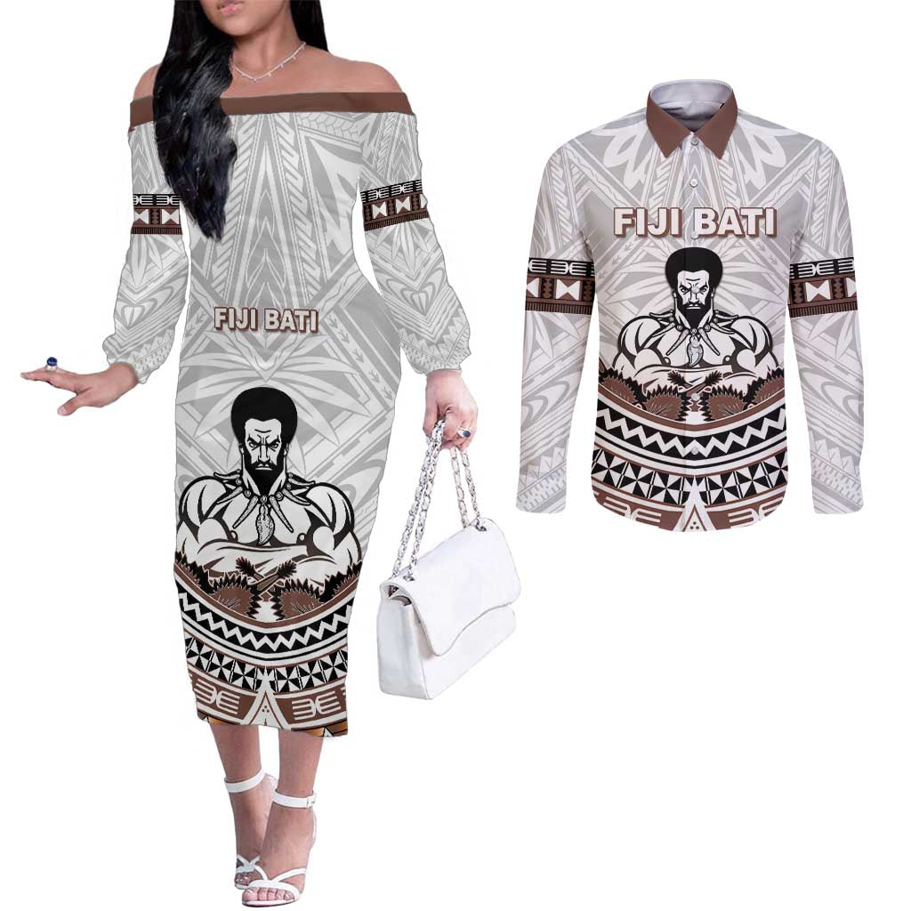 Fiji Rugby Custom Couples Matching Off The Shoulder Long Sleeve Dress and Long Sleeve Button Shirt Fijian Bati Go Champions LT05 White - Polynesian Pride