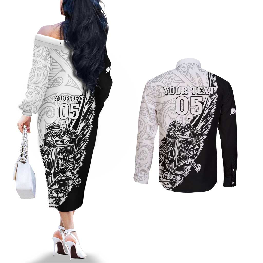 New Zealand Kiwi Rugby Custom Couples Matching Off The Shoulder Long Sleeve Dress and Long Sleeve Button Shirt Go Champions Maori Pattern LT05 - Polynesian Pride