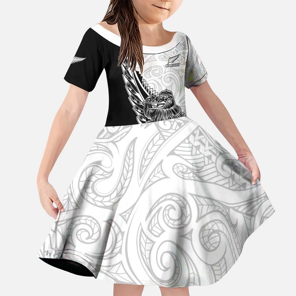 New Zealand Kiwi Rugby Custom Kid Short Sleeve Dress Go Champions Maori Pattern