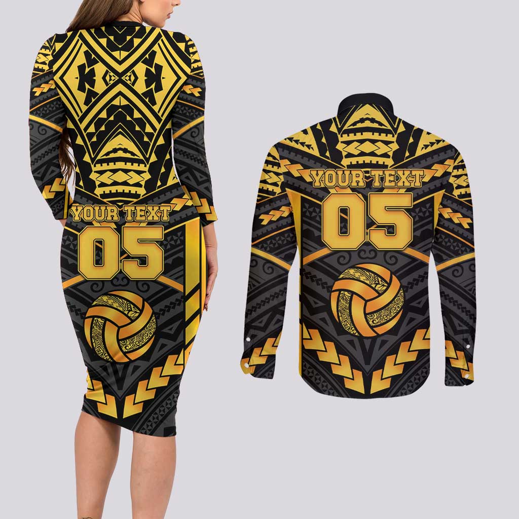 Custom Polynesia Beach Volleyball Couples Matching Long Sleeve Bodycon Dress and Long Sleeve Button Shirt Gold Polynesian Tribal Pattern - Polynesian Pride