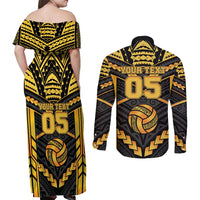 Custom Polynesia Beach Volleyball Couples Matching Off Shoulder Maxi Dress and Long Sleeve Button Shirt Gold Polynesian Tribal Pattern - Polynesian Pride