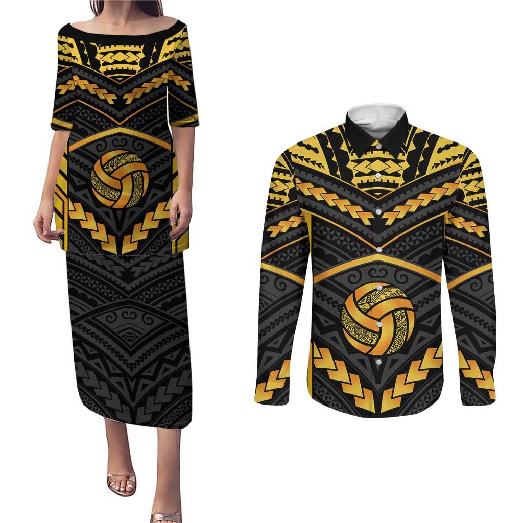 Custom Polynesia Beach Volleyball Couples Matching Puletasi and Long Sleeve Button Shirt Gold Polynesian Tribal Pattern - Polynesian Pride